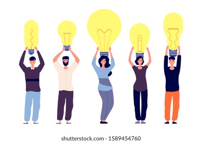 People and ideas. Different persons hold light bulbs vector illustration. Metaphor for uniqueness of thinking, different ideas. Vector happy people characters