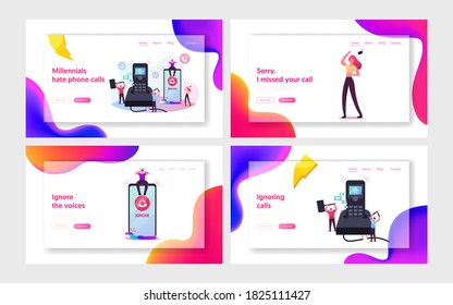 People Ignoring Incoming Call Landing Page Template Set. Tiny Male Characters Destroying Huge Calling Telephone to Avoid Conversation. Woman Cry Suffer of Boyfriend Ignore. Cartoon Vector Illustration