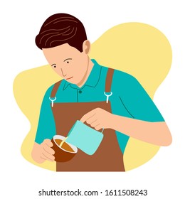 People illustration. Barista pouring milk to coffee. Flat vector illustration