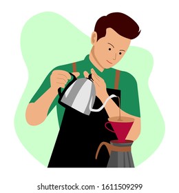 People illustration. Barista pouring milk to coffee. Flat vector illustration