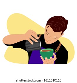 People illustration. Barista pouring milk to coffee. Flat vector illustration