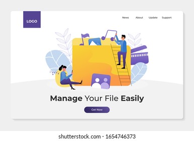 people illustration concept for landing page of file management. with music, image icon. perfect for landing page, web banner, presentation, advertising.