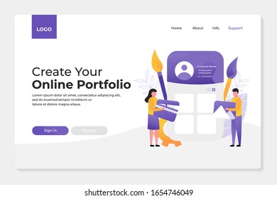 people illustration concept of portfolio software application for website and mobile. showing people are holding image and movies icon. perfect for landing page, web banner, presentation, advertising