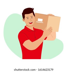 People illustration. Courier man hold the box for delivery. Flat vector illustration