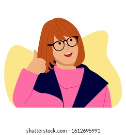 People illustration. Cute girl with thumb up sign. Flat vector illustration