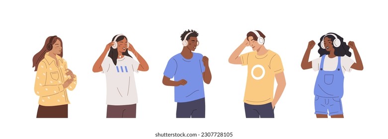 People illustration set. Characters wearing headphones joyfully listening to music and dancing. Diverse young female and male persons enjoying audio tracks or radio. Vector illustration.