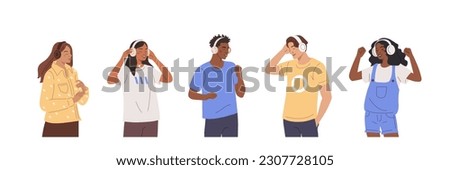 People illustration set. Characters wearing headphones joyfully listening to music and dancing. Diverse young female and male persons enjoying audio tracks or radio. Vector illustration.