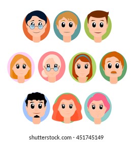 People illustration set. Man, boy male, woman girl female in cartoon style with different hair colors and styles. 