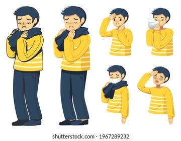 People illustration sick postures. Cartoon character flat design style, A young man wearing a long-sleeve T-shirt and wearing blue jeans. Isolated vector illustration.