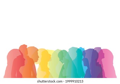 Menschen, Illustrationen, Silhouetten einer Gruppe von Männern und Frauen, regenbogenfarbene Vektorgrafik 