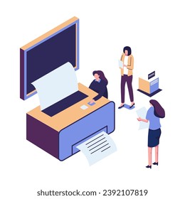 people illustration that using printer to create document flat isometric vector design