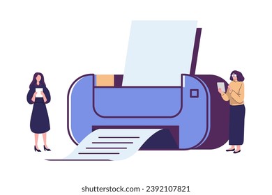 people illustration that using printer to create document flat vector design