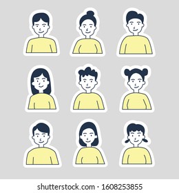 people illustration vector with nine people male and female with yellow and blue color with happy face and white outline in vector in grey background