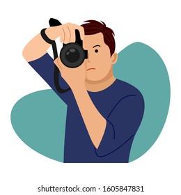People illustration. Young man takes a picture with camera. Flat vector illustration.