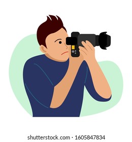People illustration. Young man takes a picture with camera. Flat vector illustration.