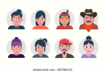 People illustrations and avatars. Cute male and female face vectors. Happy and funny faces, heads.	