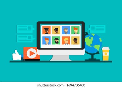 People images on the screen of a computer, likes, globe, coffee, video messages around isolated on blue green background. Video bloggers and social media concept. Eps Vector illustration design.