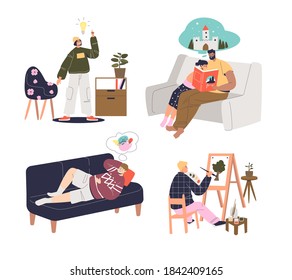 People imagination, creativity and inspiration concept with cartoon characters imagining, dreaming, thinking on ideas and creating art. Flat vector illustration