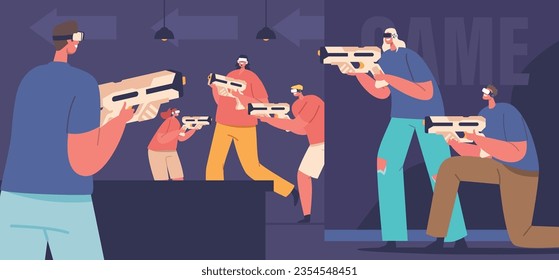 Gente En El Inmersivo Juego De Equipo Vr Con Armas, Lucha En Intensa Batalla En El Mundo Virtual. Estrategias de los jugadores, cooperación