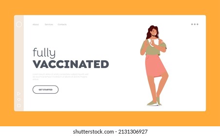 People Immunization Landing Page Template. Cheerful Lady with Patch on Shoulder after Vaccination Show Ok Sign. Woman Character Health Care, Vaccination Concept. Cartoon Vector Illustration
