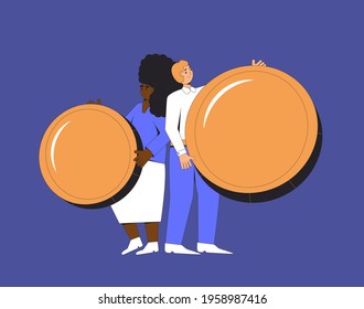 People with income. Man and woman standing back to back with money. Young male and female characters  standing with huge coins. Vector color line art illustration.