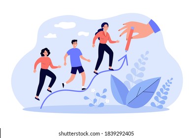 People increasing on hand drawn arrow line isolated flat vector illustration. Cartoon tiny characters following trend and company sale strategy. Leadership and marketing plan concept