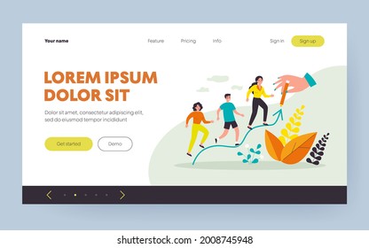 People increasing on hand drawn arrow line isolated flat vector illustration. Cartoon tiny characters following trend and company sale strategy. Leadership and marketing plan concept