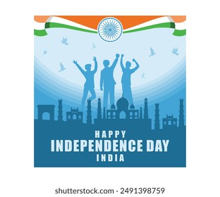 The people of India commemorate Independence Day with joy. Monuments and landmarks have become icons of Independence Day. Independence Day India concept. Flat vector illustration.