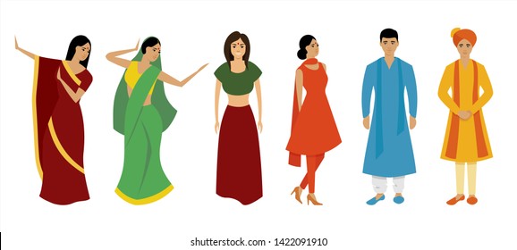 People of Indian nationality in traditional clothes. Indian women in sari and churidar-kurta. Men in a turban and chervans. Flat cartoon vector illustration.