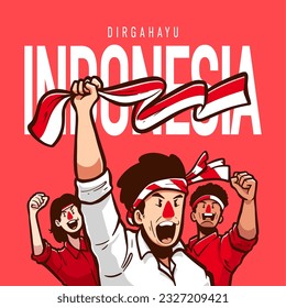 people with Indonesian flag cartoon vector illustration for dirgahayu kemerdekaan indonesia