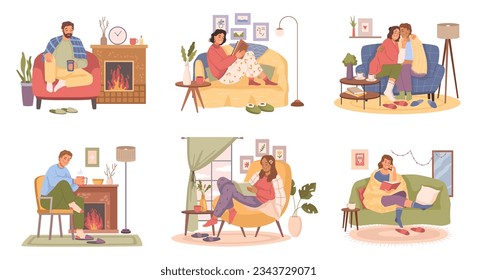 People indoors resting on sofa in warm clothes with hot drink. Vector man and woman rest in armchair, holding cups with tea coffee. Blankets and fireplace, lamp lights, cartoon characters
