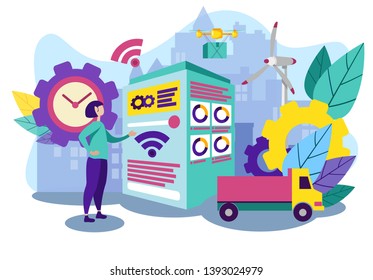 People and Industrial Machine. Woman Has Technique. Computer Technology. Working Process. Automation and Technology. Vector Illustration. Smart Idustry.Woman Control Cargo Drone Using WiFi Service.