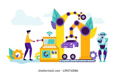 People and Industrial Machines. Man Controls Technology in Car Factory.Teamwork Robot and People. Innovation Technology. Working Process. Vector Illustration. Delivery Cargo. Car on Conveyor.