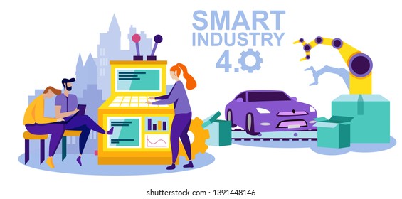 People and Industrial Machines. Man Sit on Chair. Factory Worker. Woman Work with Control Panel and Cargo Crane. Teamwork. Automation and Technology Vector Illustration. Smart Idustry. Crane Loads Car