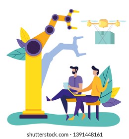 People and Industrial Machines. Teamwork. Computer Technology. Automation and Technology Vector Illustration. Delivery Cargo. Smart Idustry. Monitoring System. Man Drive Drone with Laptop. Cargo Drone