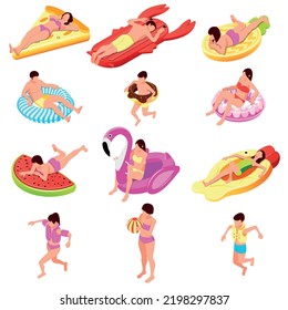 People inflatable toys isometric set of isolated icons with kids and adults riding different air mattresses vector illustration