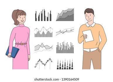 People with infocharts and infographics vector, man and woman holding papers and reports checking results with board, monochrome charts stats flat style