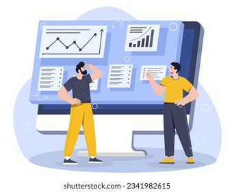 People with infographic concept. Men on background of graphs and charts. Work with statistics and data visualization. Team of analysts conduct market research. Cartoon flat vector illustration