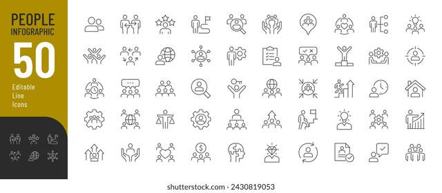 People Infographic Line Editable Icons. Vector illustration in a thin line style of basic people related icons: communication, avatar, group of people, strategy, and more. Isolated on white.