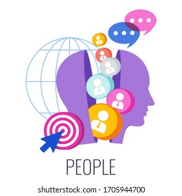 People infographics pictogram. 7 PS marketing mix. Flat vector illustration. Strategy and management. Segmentation, target audience. Successful positioning of company in market.
