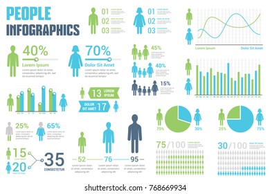 People Infographics For Reports And Presentations - Percents, Bar And Line Graphs, Pie Charts, Vector Eps10 Illustration