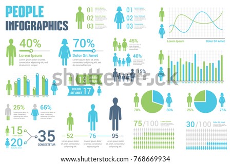 People infographics for reports and presentations - percents, bar and line graphs, pie charts, vector eps10 illustration