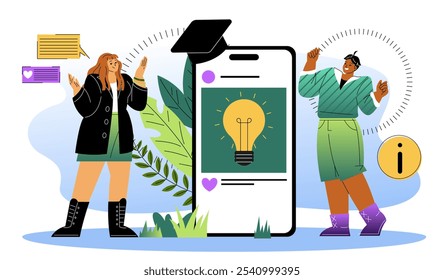 People with informational content. Man and woman near smartphone with light bulb on screen. Education and training. Knowledge and guide. Flat vector illustration isolated on white background