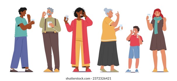 People Ingesting Medication To Address Health Concerns, Ensuring Wellbeing And Recovery. Following Prescribed Doses, They Seek Improved Health And Relief From Ailments. Cartoon Vector Illustration