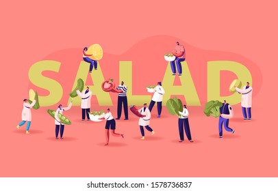 People with Ingredients for Cooking Salad Concept. Tiny Male and Female Characters Holding Huge Vegetables for Healthy Food Nutrition Poster Banner Flyer Brochure. Cartoon Flat Vector Illustration