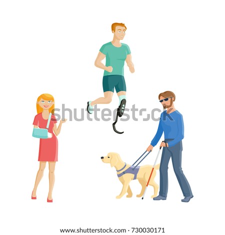 People with injures and disabilities - blindness, broken arm, artificial limb, flat cartoon vector illustration isolated on white background. Set of people with traumas and disabilities