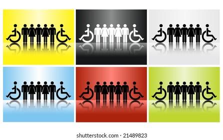 people inline concept - one of many: men, women, disabled person acting as a team