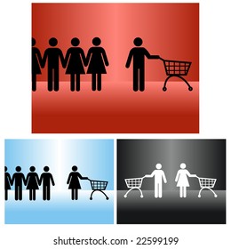 people inline concept - one of many: shopping person & shopping cart
