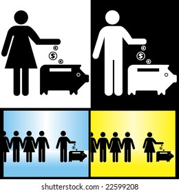 people inline concept - one of many: saving money - piggy bank