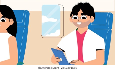 Pessoas dentro de um avião relaxando, trabalhando em laptops e verificando seu destino. Ilustração vetorial.